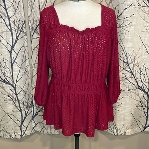 Lane Bryant Woman’s Merlot colored peasant top with 3/4 sleeves. Size 14/16. NWT